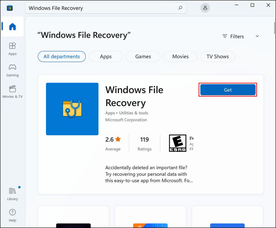 Кнопка Получить для установки Windows File Recovery в Microsoft Store
