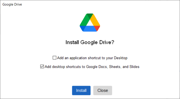Окно установки Google Drive