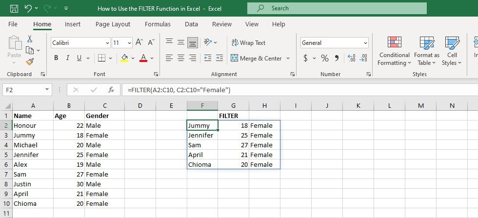 Таблица Excel с примером использования FILTER для отбора по полу
