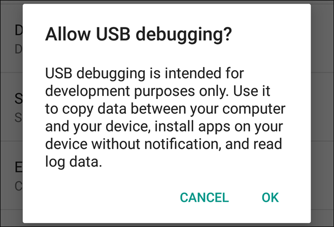 Разрешение отладки по USB на устройстве