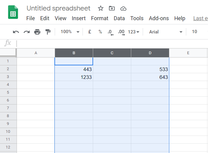 Выделенные столбцы B и D в Google Sheets