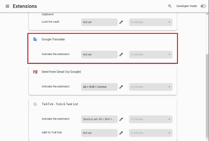 Скриншот, показывающий расширение без назначенной горячей клавиши.