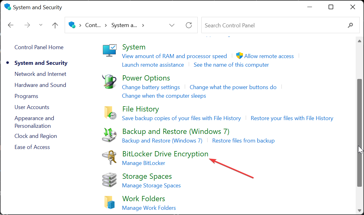 Параметр шифрования диска BitLocker в Панели управления