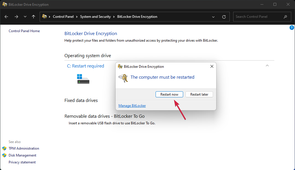 Подтверждение перезагрузки для BitLocker