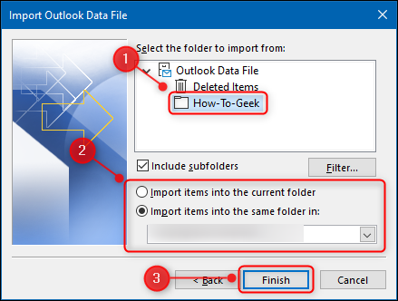 Место импорта данных в Outlook