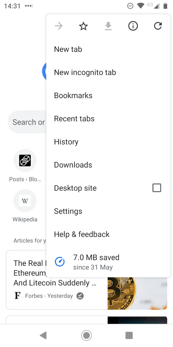 Меню Chrome на Android