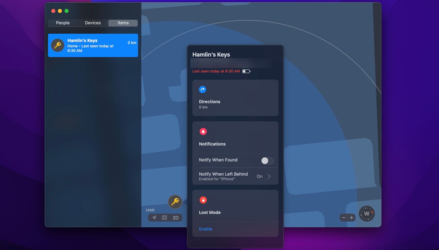 Поиск предметов с помощью Find My на Mac: список предметов и карта