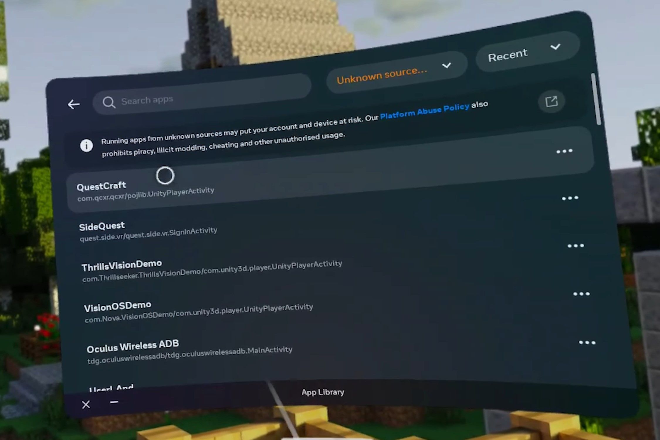 Запуск QuestCraft из неизвестных источников в библиотеке приложений Quest