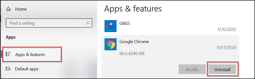 アプリと機能で Chrome を選ぶ画面
