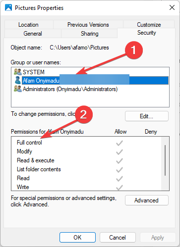 Настройка разрешений для пользователя — полный доступ