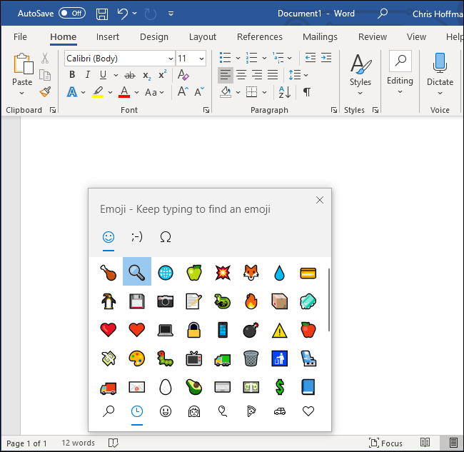 Пикер эмодзи Windows 10 в Microsoft Word 365.