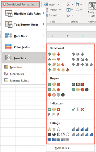 Вкладка «Главная»: Условное форматирование → Наборы значков (скриншот ленты)