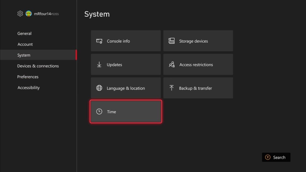 Скриншот системных настроек Xbox Series X с выделенным пунктом Время