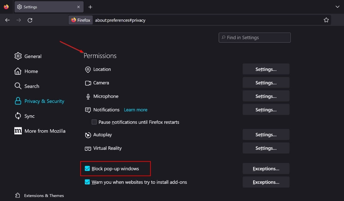 Опция блокировки всплывающих окон в Firefox