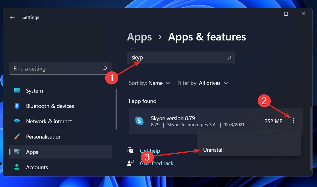 Удаление Skype из списка приложений