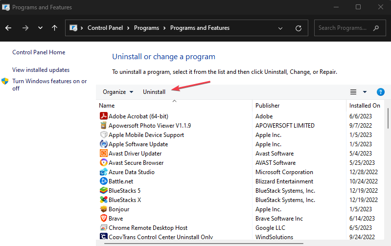 Кнопка удалить в Программы и компоненты