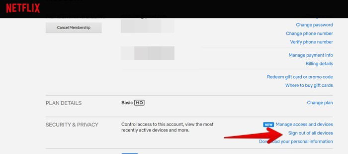 Кнопка «Выйти со всех устройств» в настройках Netflix