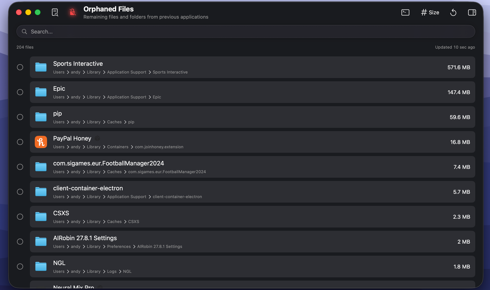 Оставшиеся файлы в Pearcleaner.