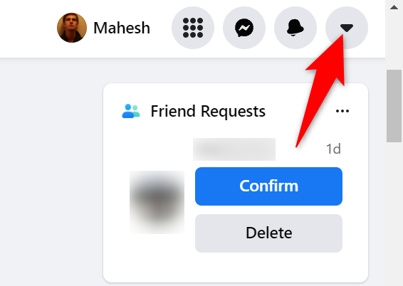 Нажмите на значок стрелки вниз в правом верхнем углу Facebook.