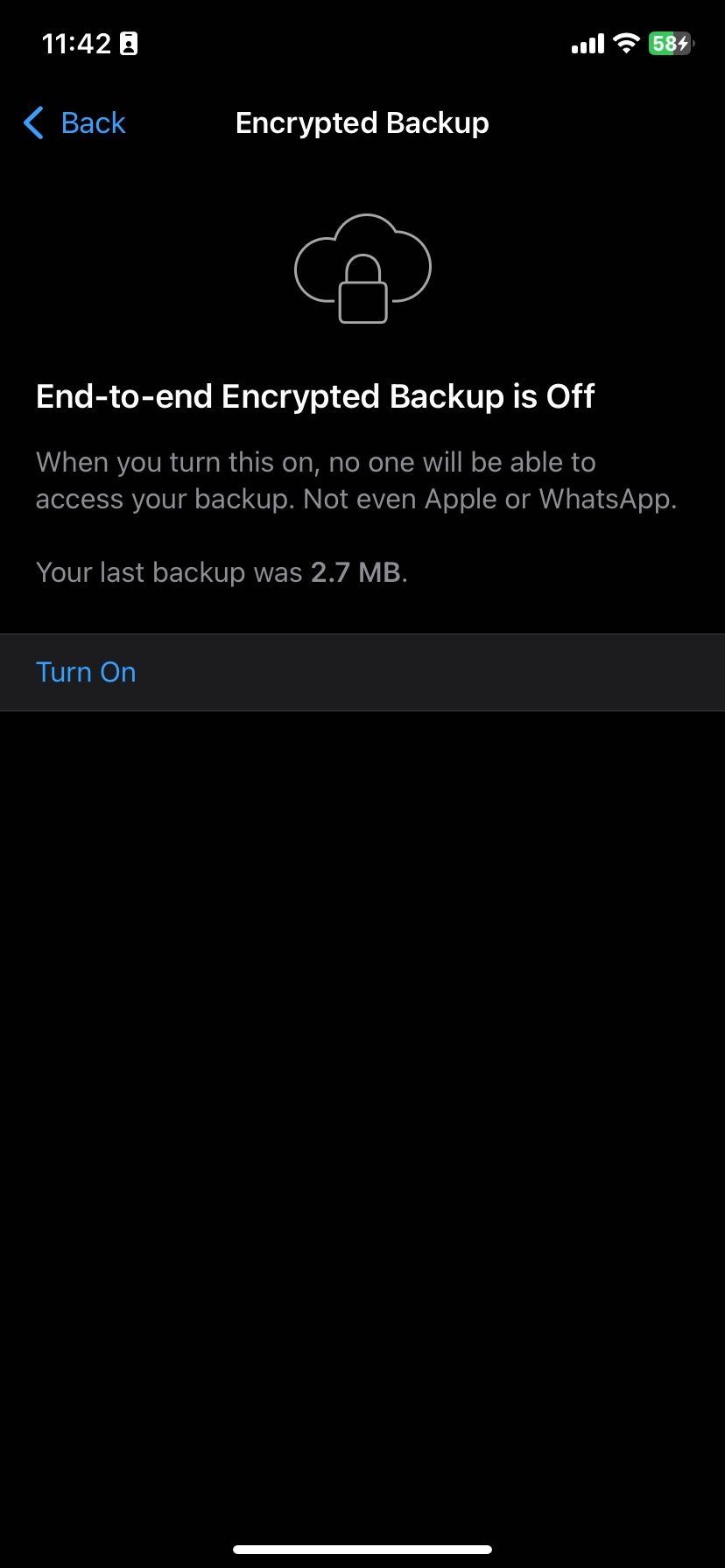 Включение сквозного шифрования резервных копий в WhatsApp