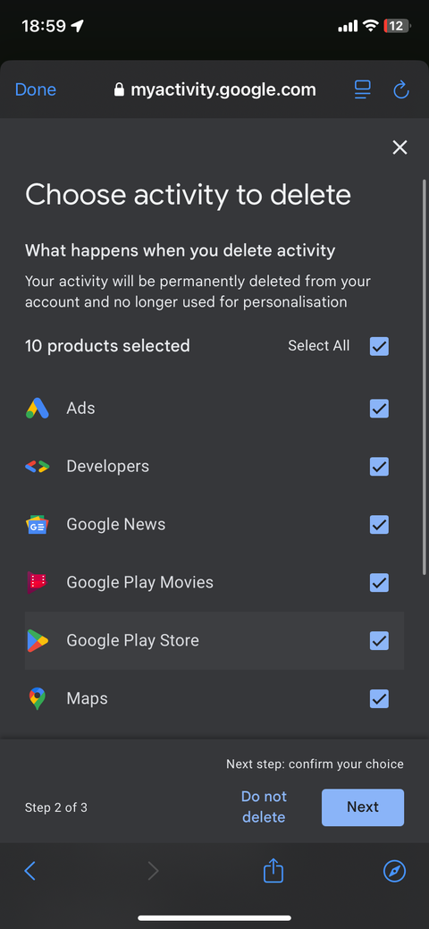 Выбор активности для удаления в аккаунте Google