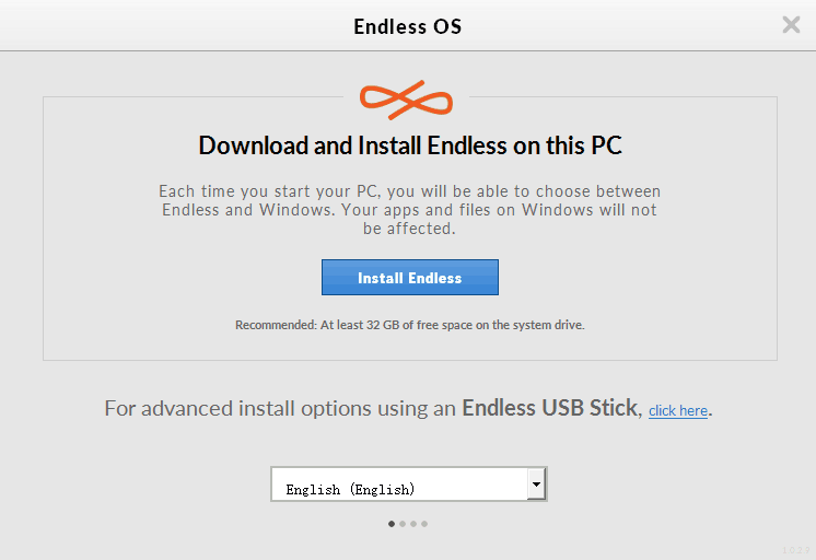Окно установщика Endless OS — выбор языка
