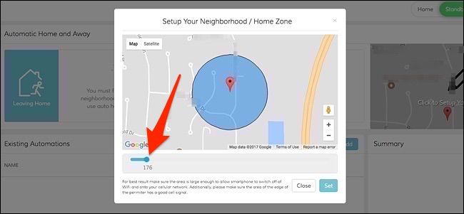 Ползунок для задания радиуса Home Zone