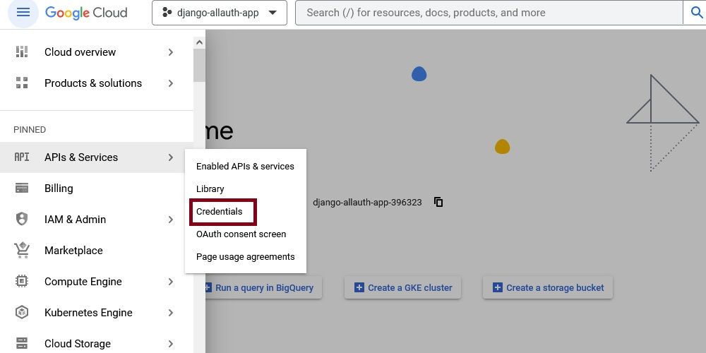 Опция Credentials в Google Cloud Console