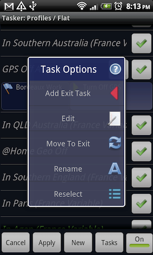 Экран Tasker с добавлением exit task для включения GPS