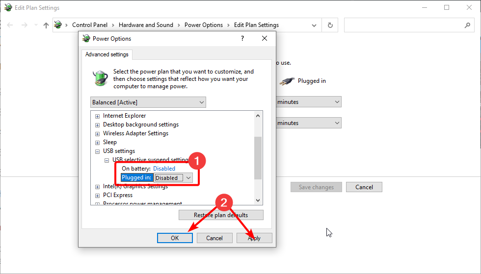Отключение селективной приостановки USB