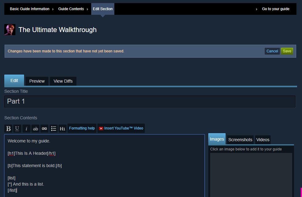 steam guide edit section