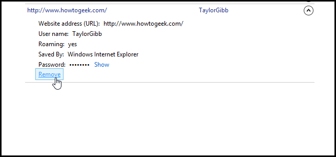 Кнопка удаления отдельной записи в Диспетчере учётных данных