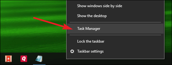 Меню панели задач с пунктом Диспетчер задач