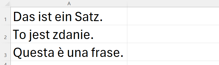 Лист Excel с тремя предложениями на иностранных языках в ячейках A1:A3.