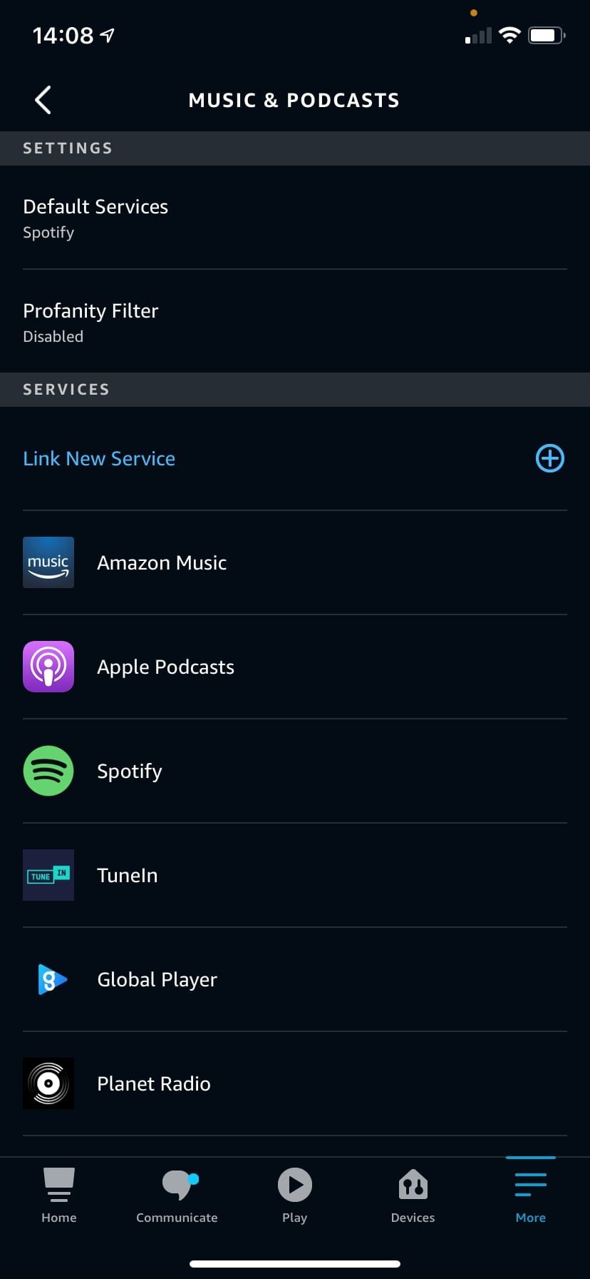 Список сервисов Музыка и подкасты в Alexa