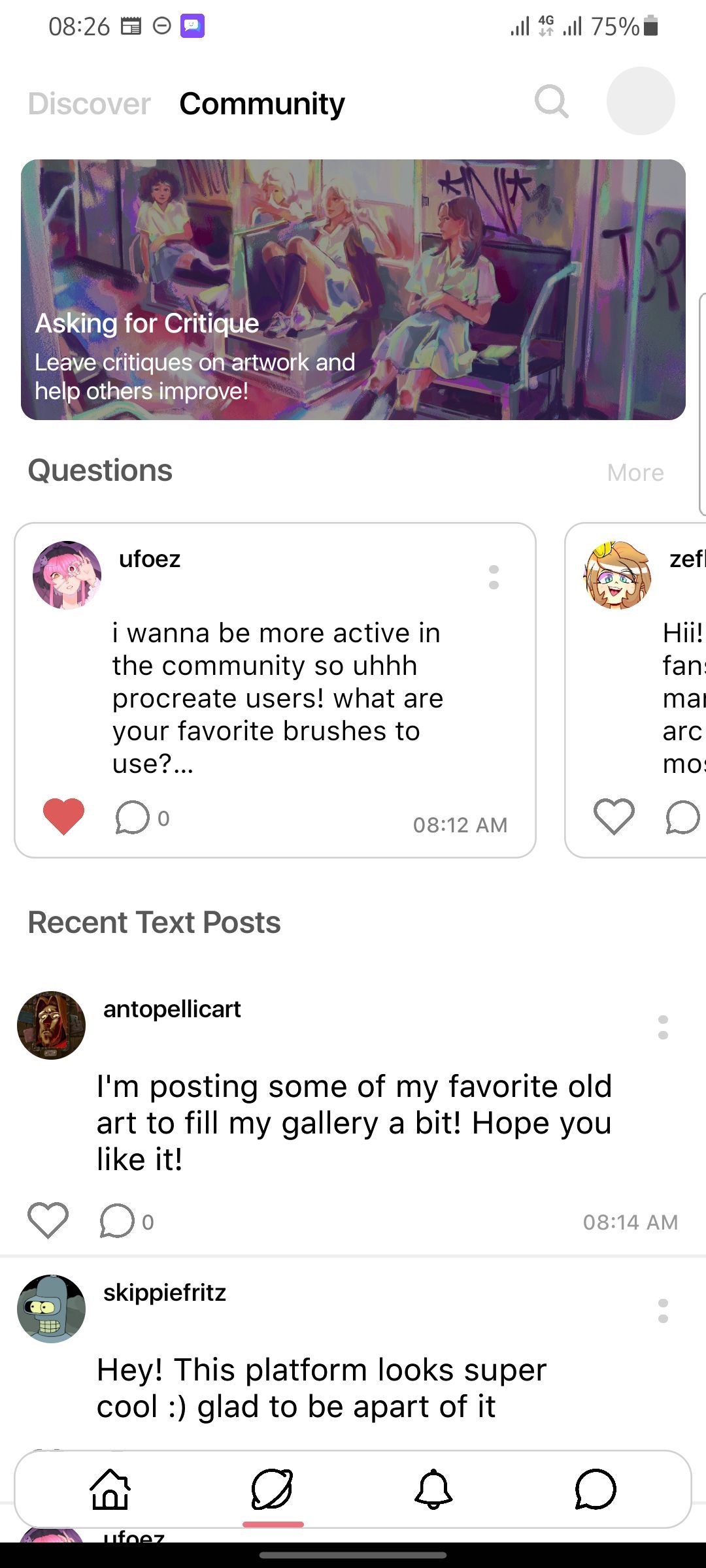 Страница сообщества Artfol с обсуждениями и текстовыми постами