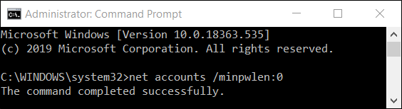 Сброс минимальной длины пароля к значению 0.