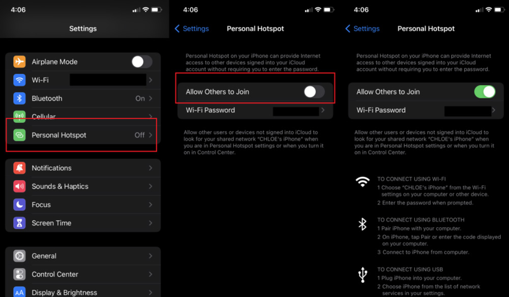Menü: Persönlicher Hotspot aktivieren