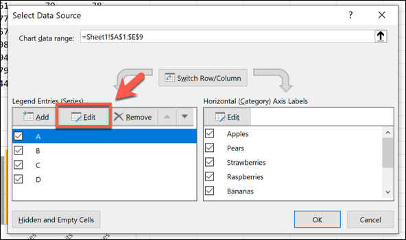 Выберите ряд данных, затем нажмите кнопку Изменить.