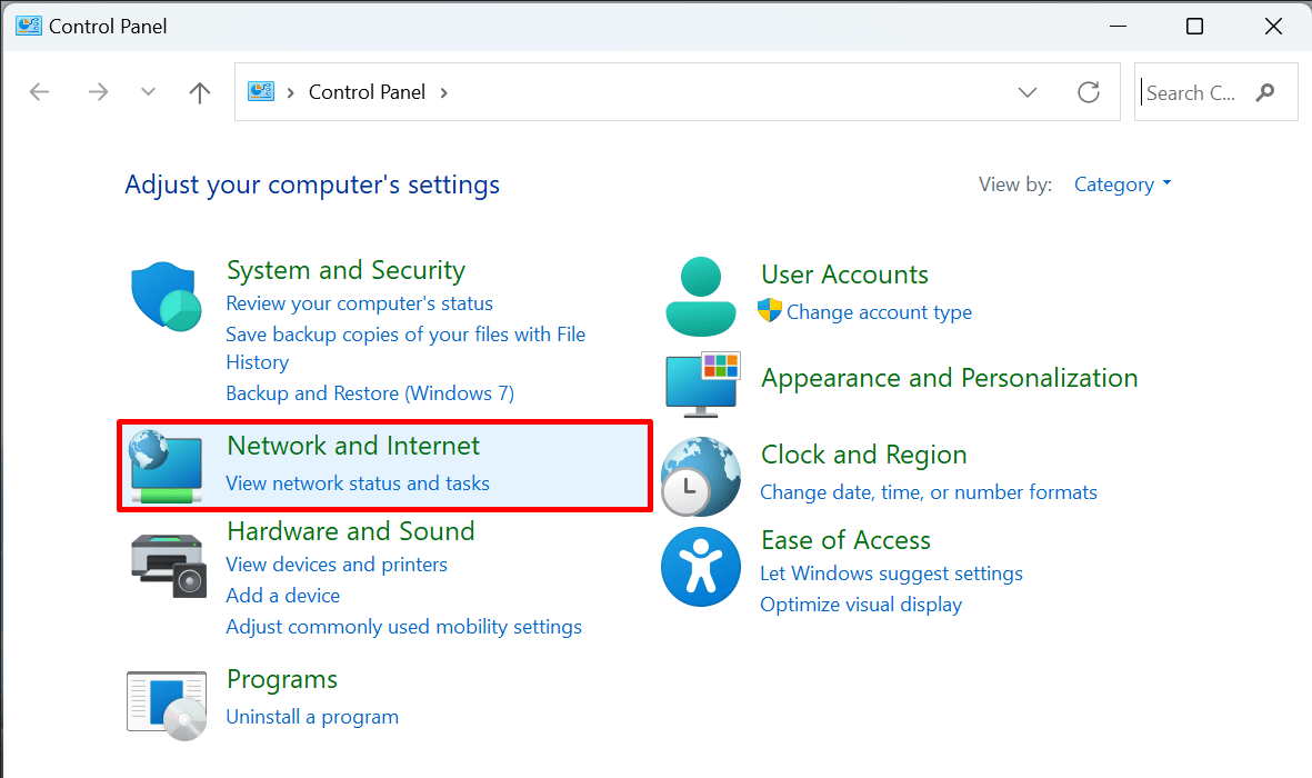 Переход к «Сеть и Интернет» в Панели управления