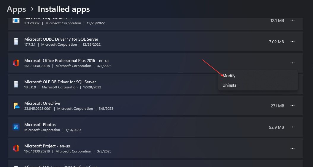 Меню Установленные приложения в Windows с Microsoft Office