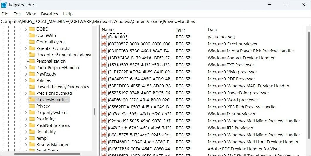 Обработчики предпросмотра в реестре