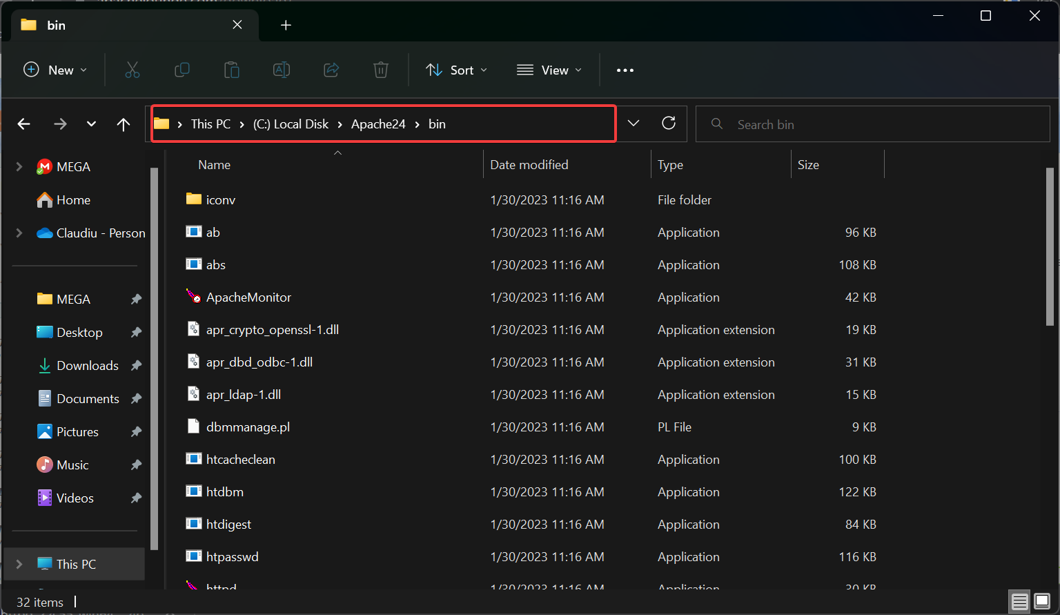 Папка bin Apache24 с исполняемыми файлами