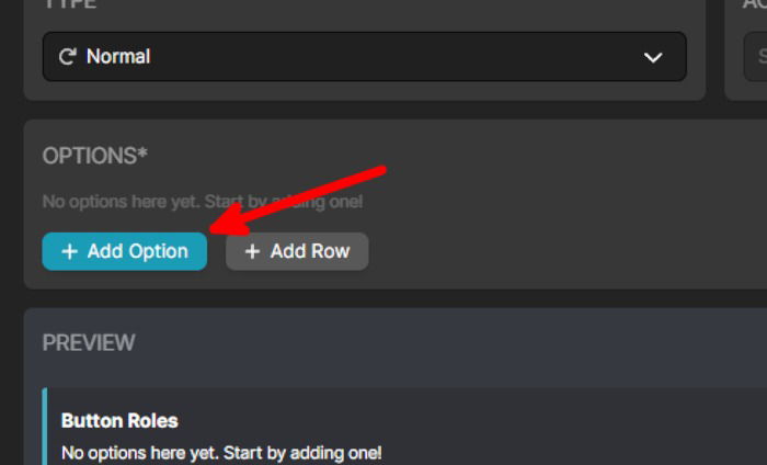 Добавление новой опции Reaction Role в панели Hydra