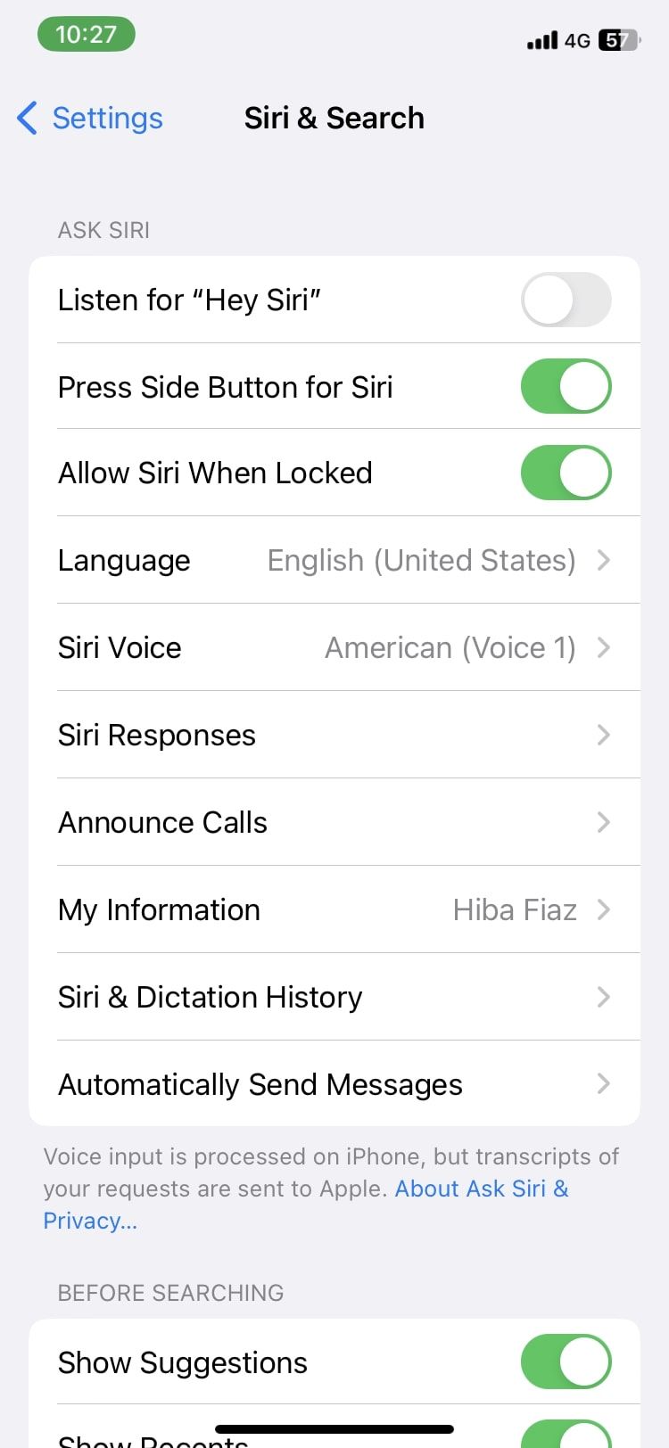 Настройки ответов Siri в разделе Siri и поиск