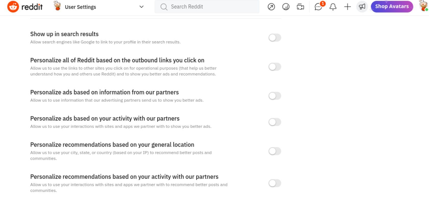 Раздел конфиденциальности в настройках Reddit