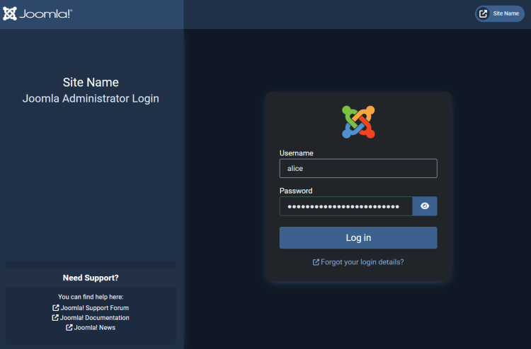 Страница входа администратора Joomla