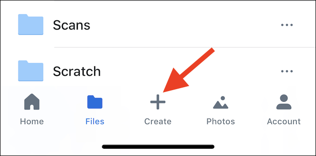 Кнопка Создать в приложении Dropbox на iOS