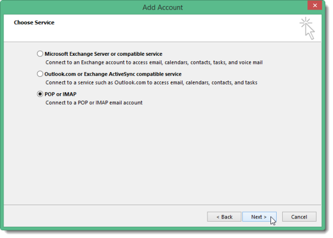 Выбор POP или IMAP в Outlook
