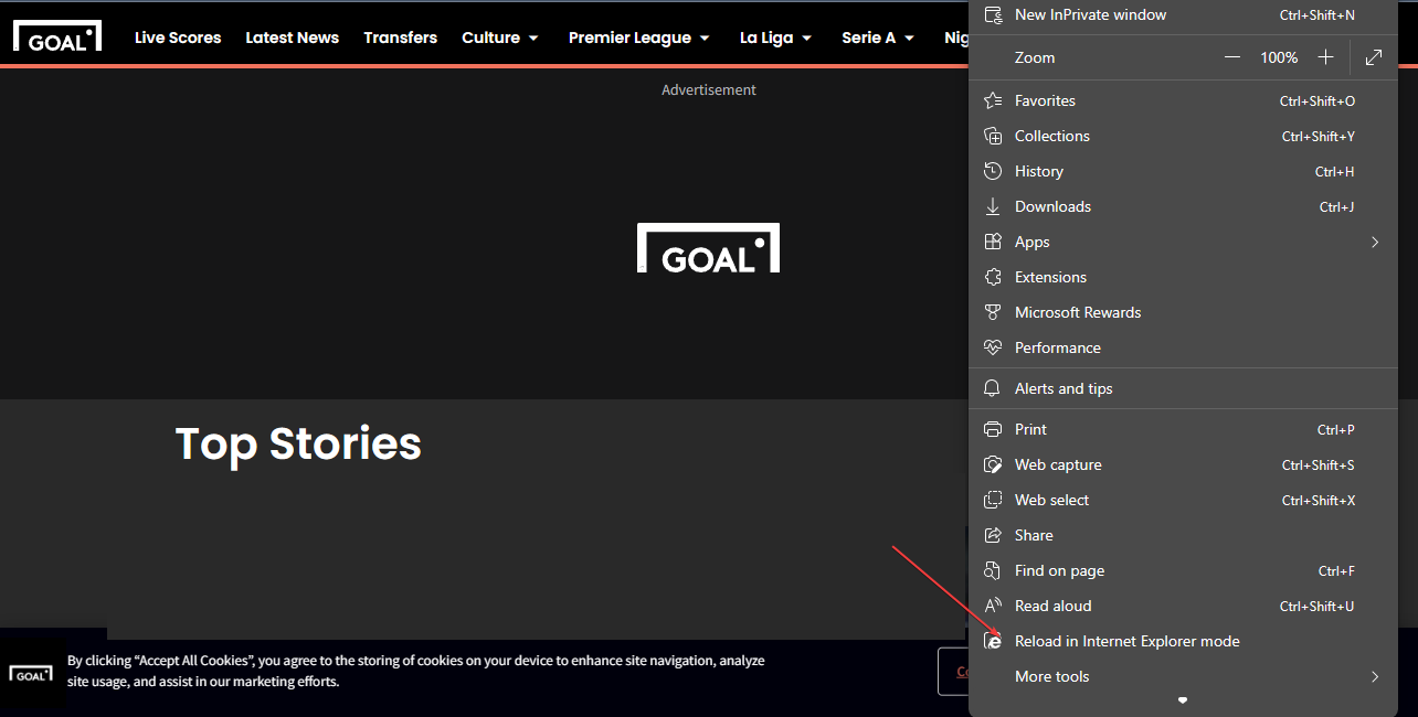 Пункт меню «Перезагрузить в режиме Internet Explorer» в Edge